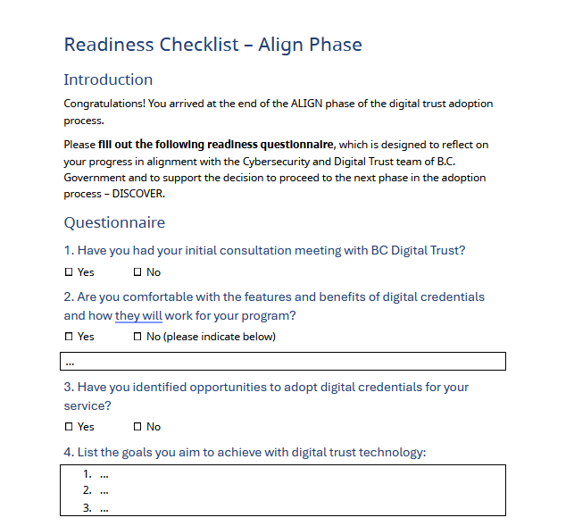 A screenshot of the Readiness Checklist document